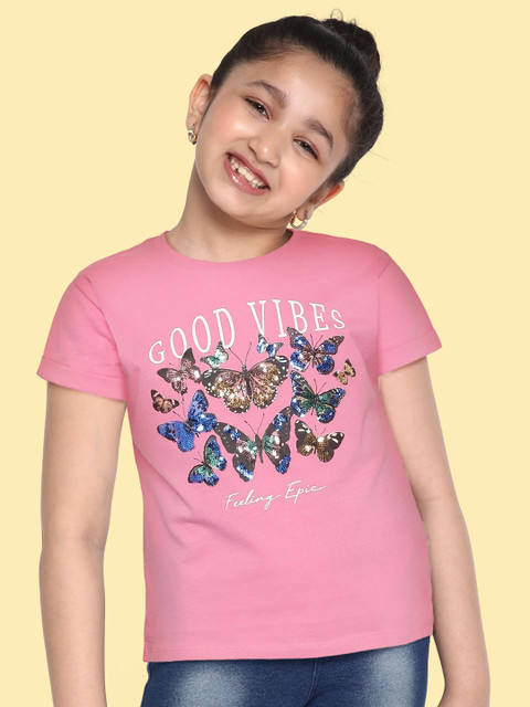 

Marks & Spencer Girls Pink & Navy Blue Pure Cotton Butterfly Print Sequin Top
