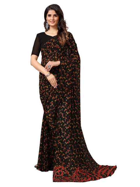 

KALINI Black & Red Floral Poly Georgette Saree