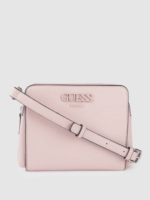 

GUESS Peach-Coloured Saffiano Textured Structured Sling Bag