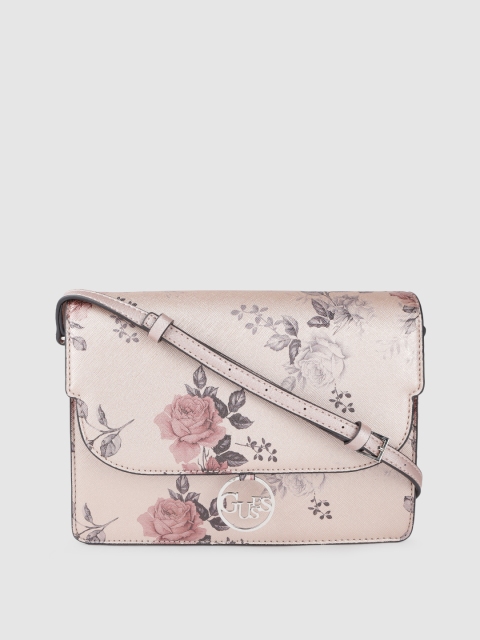 

GUESS Rose Gold-Toned & Black Floral Print Structured Sling Bag