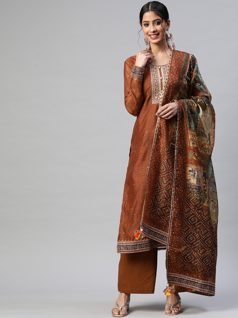 

Readiprint Fashions Rust Brown Embellished Unstitched Dress Material with Potli Bag
