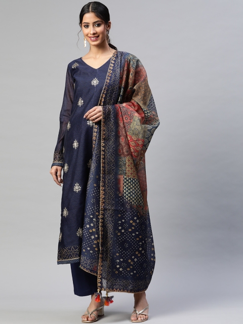 

Readiprint Fashions Blue & White Embellished Unstitched Dress Material with Potli Bag, Navy blue