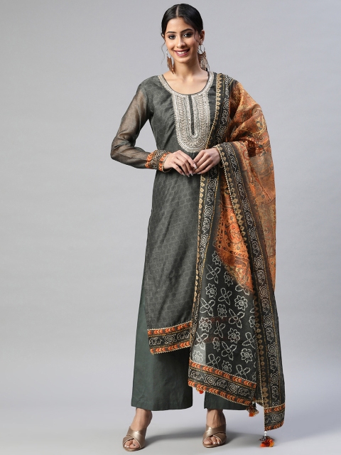 

Readiprint Fashions Women Grey & Orange Embroidered Unstitched Dress Material With Potli