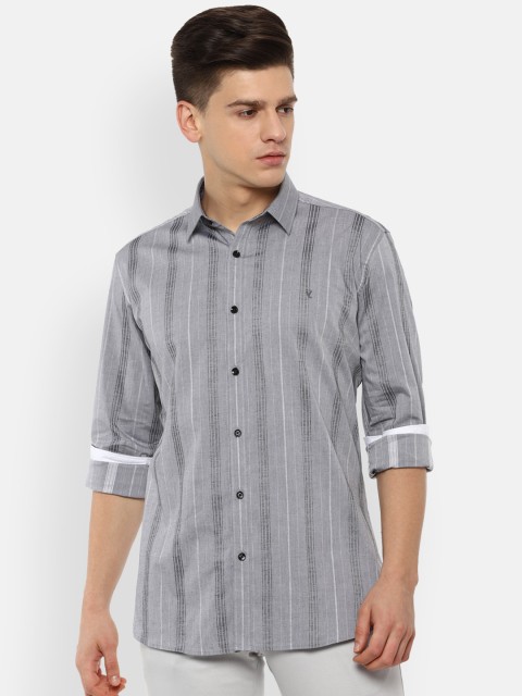 

V Dot Men Grey Striped Regular Fit Casual Shirt