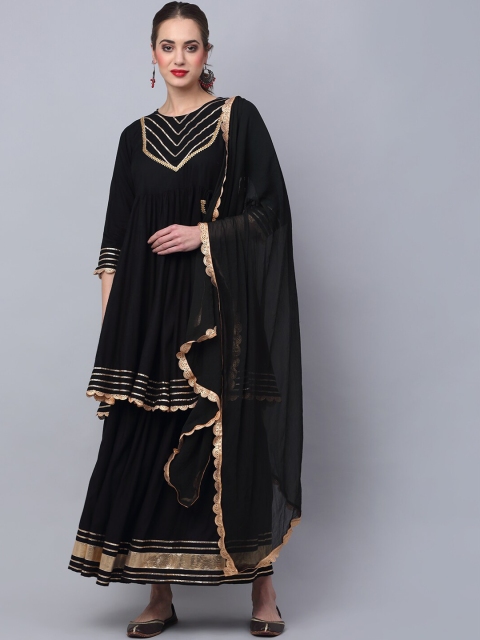

Rudra Bazaar Women Black Striped Angrakha Gotta Patti Kurta with Salwar & With Dupatta