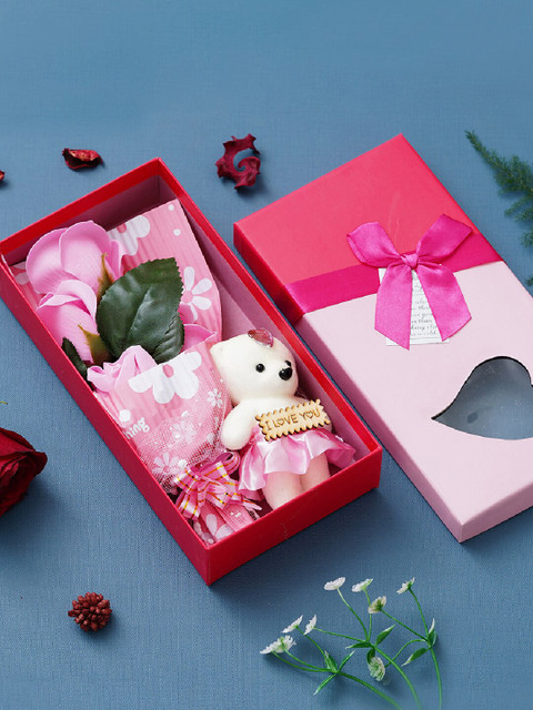 

eCraftIndia White & Pink Roses Bouqet With Teddy Bear Valentine's Square Shaped Gift Box
