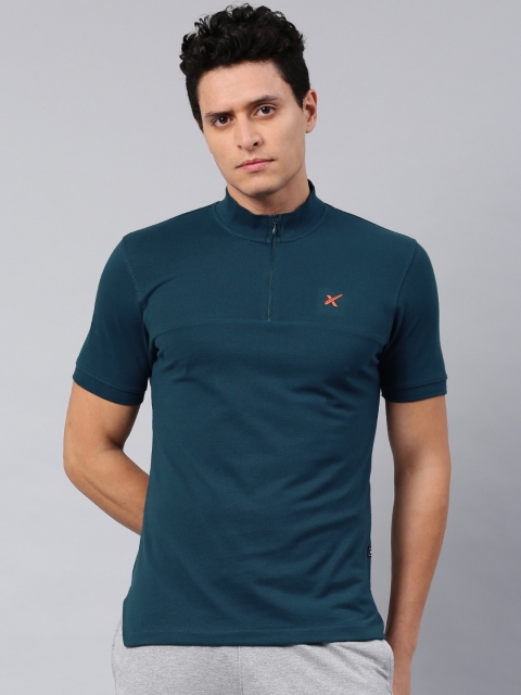 

HRX by Hrithik Roshan Men Teal Blue Solid Mandarin Collar T-shirt