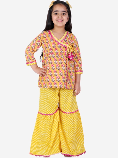 

BownBee Girls Yellow Leheriya Printed Angrakha Pure Cotton Kurti with Sharara