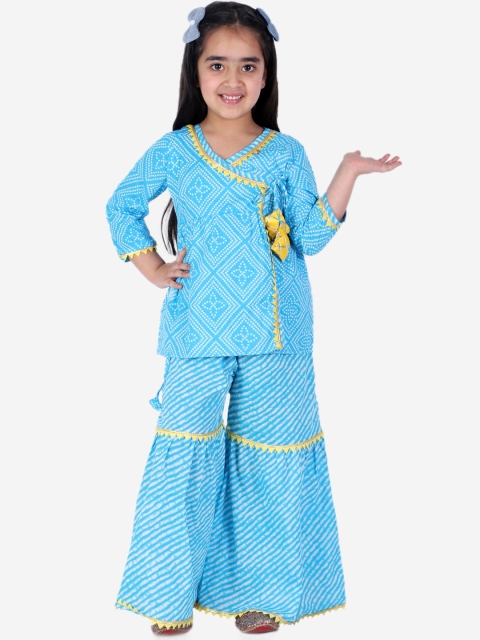 

BownBee Girls Blue Ethnic Motifs Printed Pure Cotton Kurti with Sharara