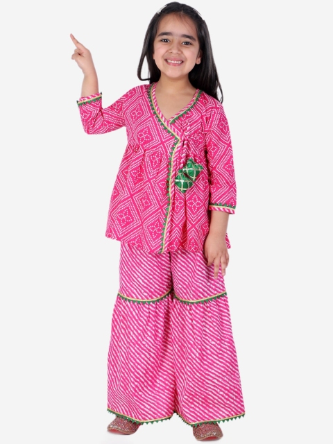 

BownBee Girls Pink Bandhani, Leheriya Printed Angrakha Pure Cotton Kurti with Sharara