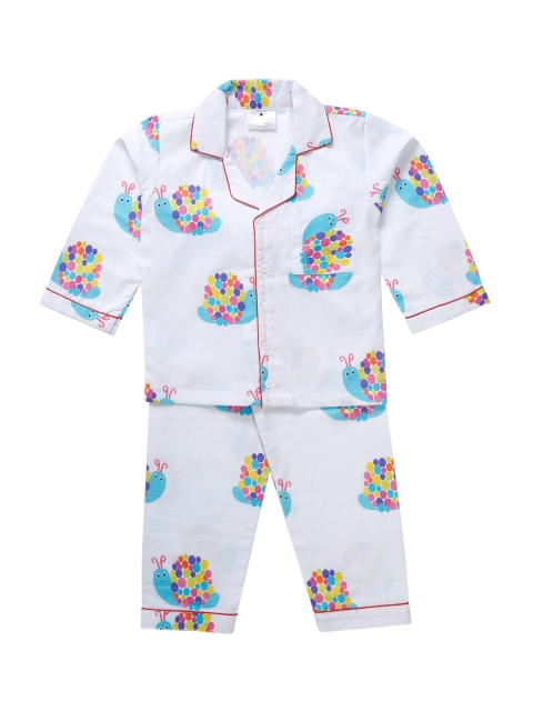 

Little Musketeer Girls White & Blue Printed Night Suit