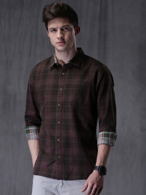 

WROGN Maroon & Olive Green Slim Checked Blotch Print Casual Shirt