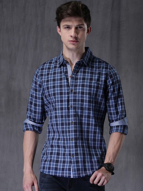 

WROGN Navy Blue Slim Fit Checked Casual Shirt
