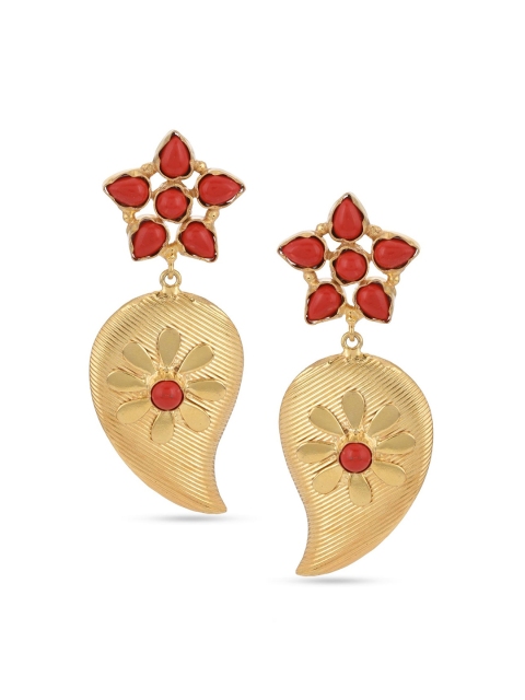 

Tistabene Gold-Plated Red Stone-Studded Contemporary Drop Earrings