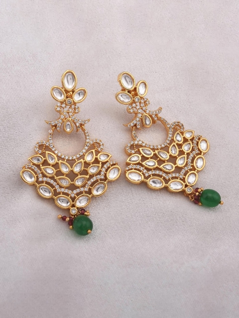 

Tistabene Gold-Plated Green & White Stone-Studded Contemporary Drop Earrings