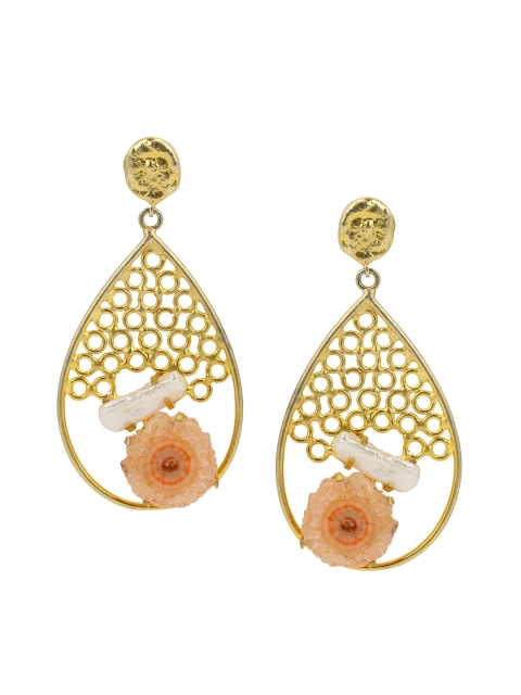 

Tistabene Gold-Plated & White Teardrop Shaped Drop Earrings