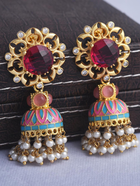 

Tistabene Gold-Plated Pink Stone-Studded & Beaded Contemporary Enamelled Jhumkas Earrings