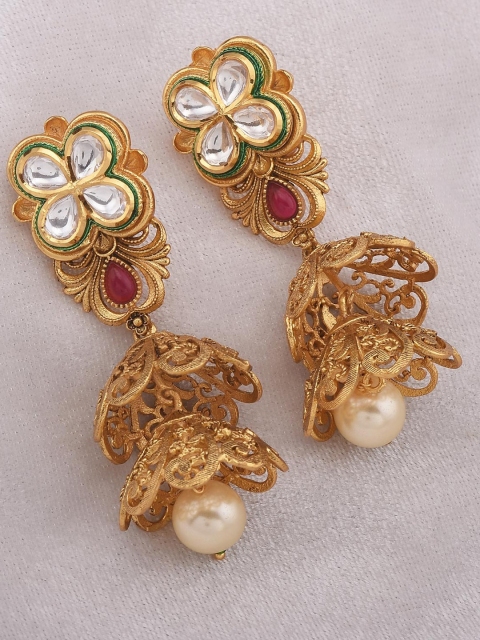 

Tistabene Gold-Plated & Red Contemporary Antique Jhumkas