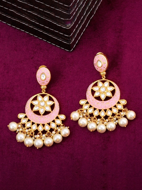 

Tistabene Gold-Toned & Pink Studded Enameled Contemporary Chandbalis Earrings