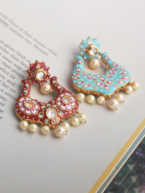 

Tistabene Gold-Plated Red Kundan-Studded Contemporary Meenakari Drop Earrings