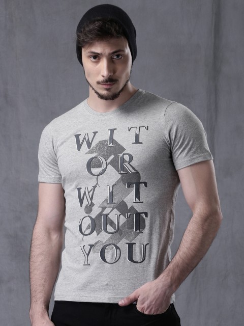 

WROGN Men Grey Melange Printed T-shirt