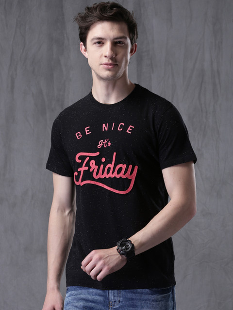 

WROGN Men Black High-Density Print Round Neck T-shirt