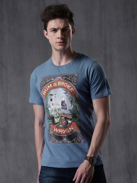 

WROGN Men Blue Printed Round Neck T-shirt