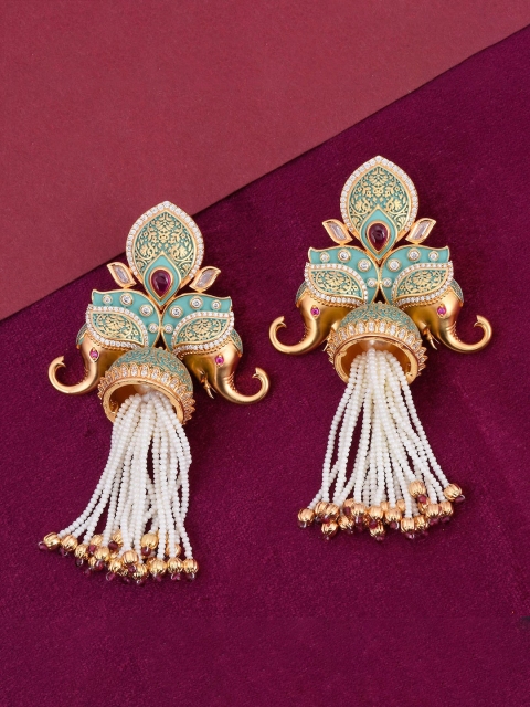 

Tistabene Green & Gold-Toned Contemporary Jhumkas Earrings