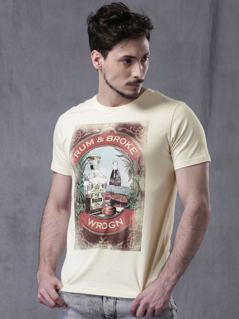 

WROGN Men Cream-Coloured Printed Round Neck T-shirt