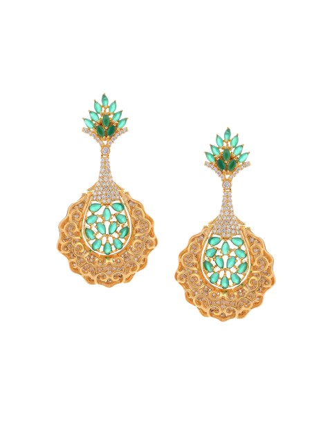 

Tistabene Gold-Plated Green Stone-Studded Contemporary Jali Work Drop Earrings