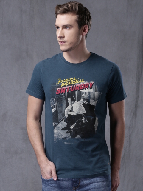 

WROGN Men Teal Blue Printed T-shirt
