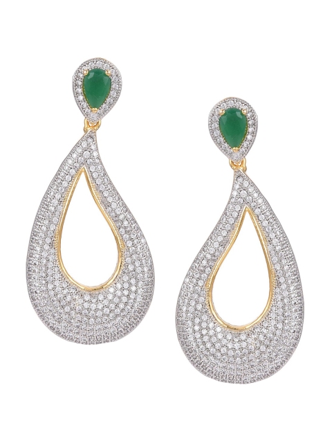 

Tistabene Gold-Plated Green & White CZ-Studded Designer Drop Earrings