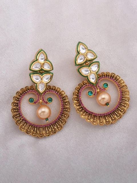 

Tistabene Green Gold-Plated Kundan Contemporary Drop Earrings