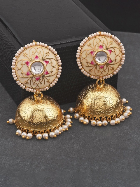 

Tistabene Gold-Plated & White Enamelled Dome Shaped Jhumkas Earrings