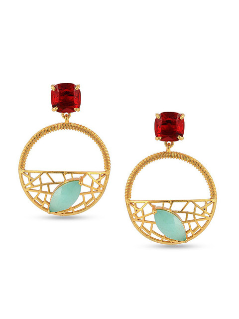 

Tistabene Gold-Plated Green & Red Stone-Studded Circular Drop Earrings