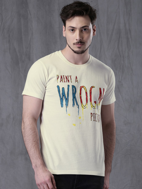 

WROGN Men Cream-Coloured Printed Round Neck T-shirt