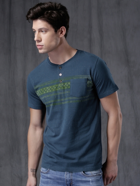 

WROGN Men Blue Printed Henley Neck T-Shirt