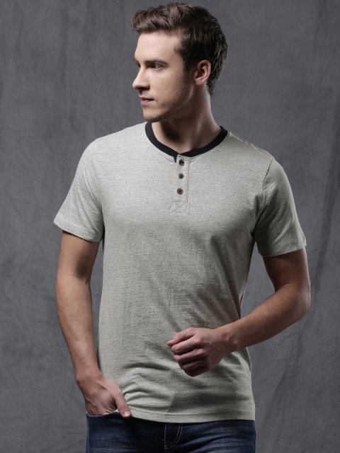 

WROGN Men Grey Melange Henley T-Shirt