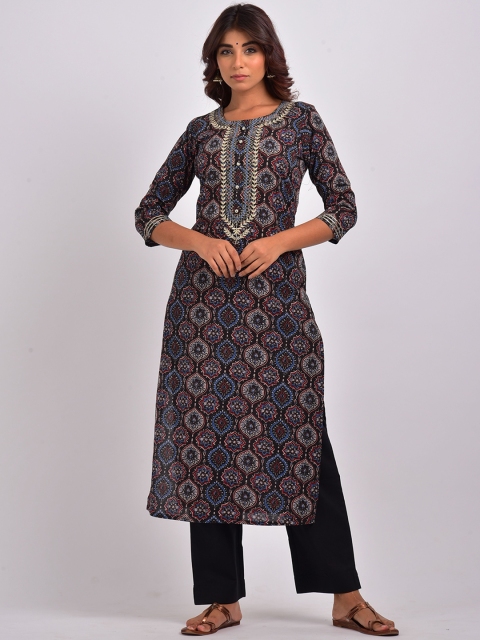 

Swasti Women Black & Blue Ethnic Motifs Printed Cotton Straight Kurta