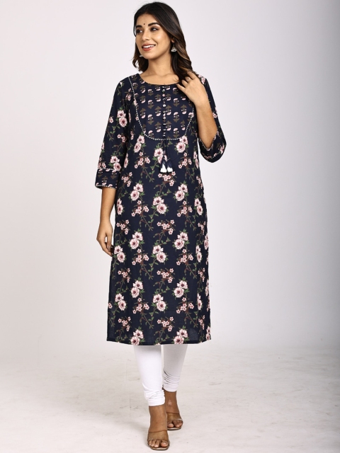 

Swasti Women Navy Blue Quirky Printed Flared Sleeves Floral Kurta