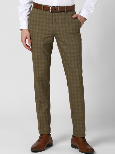

Peter England Men Olive Brown Checked Slim Fit Trousers