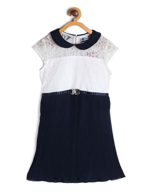 

612 league Girls Navy Blue & White Colourblocked Peter Pan Collar Georgette A-Line Dress