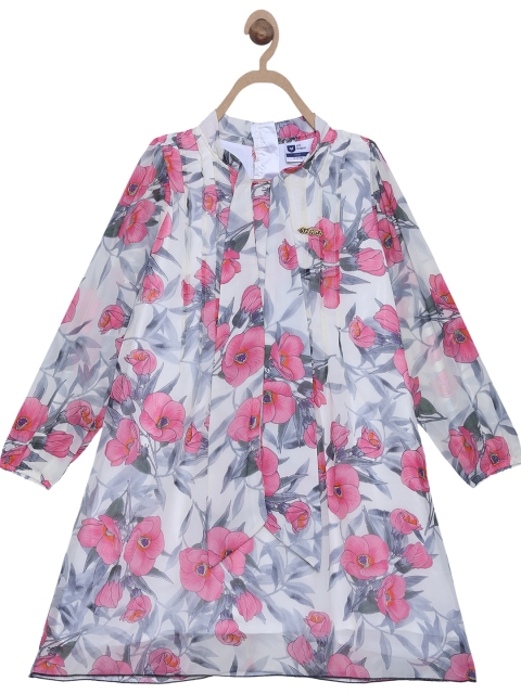 

612 league Girls Off White & Pink Floral Tie-Up Neck A-Line Dress