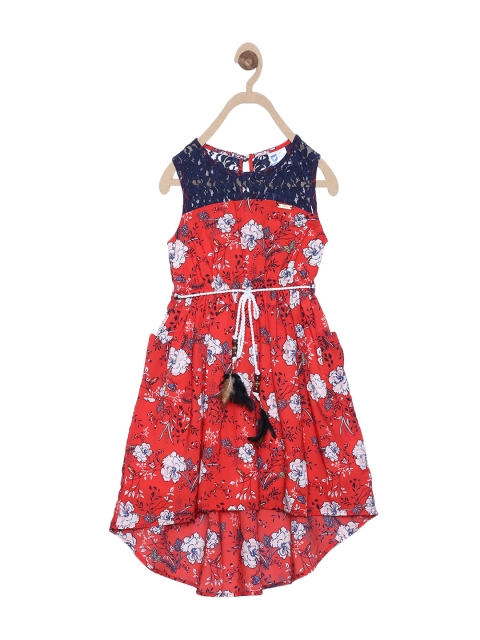 

612 league Girls Red & White Floral Georgette Midi Dress