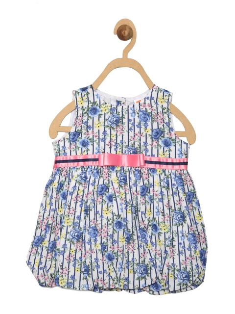 

612 league Girls White & Blue Floral Cotton Balloon Dress