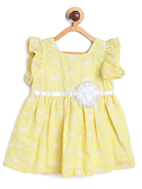 

612 league Girls Yellow & White Schiffli Cotton Dress