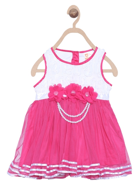 

612 league Girls Fuchsia Pink & White Colourblocked Cotton Dress