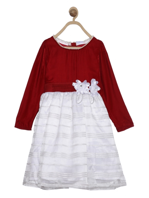 

612 league Girls White & Maroon Colourblocked Dress