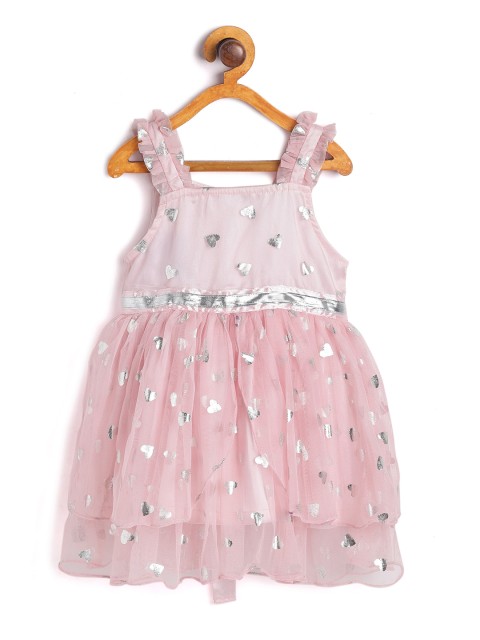 

612 league Girls Pink & Silver-Toned Foil Printed Strappy Dress
