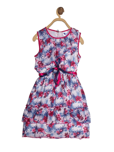 

612 league Girls White & Blue Floral Printed Georgette Dress